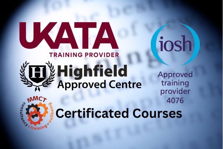 slide illustrating accredited courses provided by MMCT, such as UKATA, IOSH and Highfield